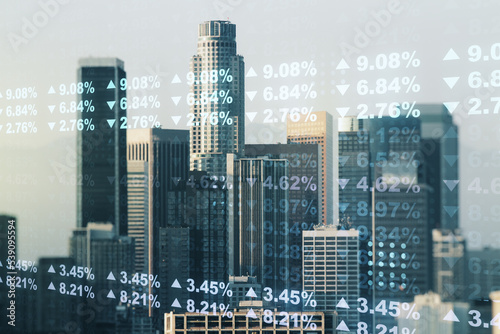 Multi exposure of stats data illustration on Los Angeles city skyline background, computing and analytics concept