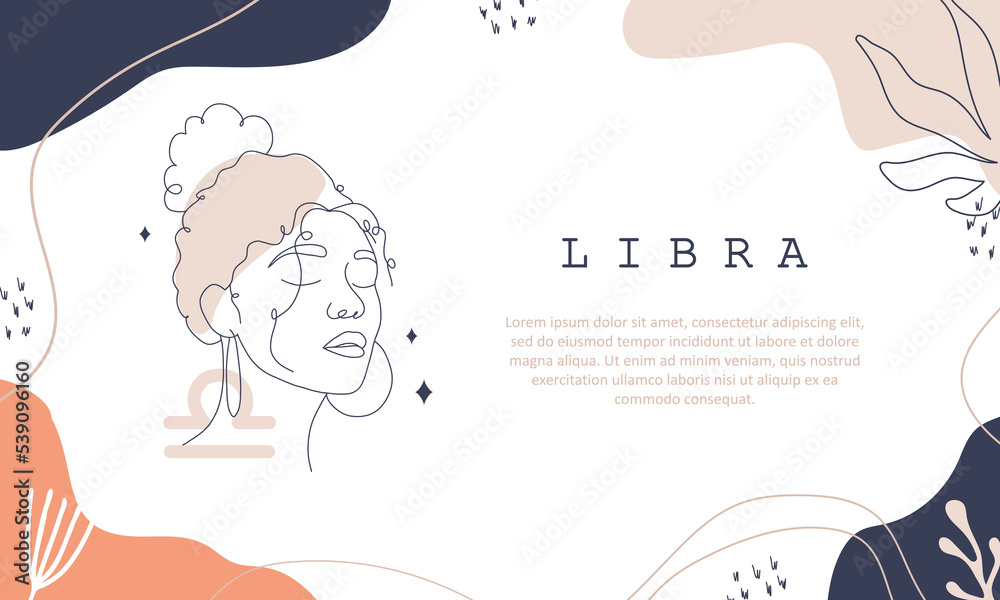 Libra zodiac sign. One line drawing. Astrological icon with abstract woman face. Mystery and esoteric outline background. Astrology horizontal banner. Linear vector illustration in minimalist style.