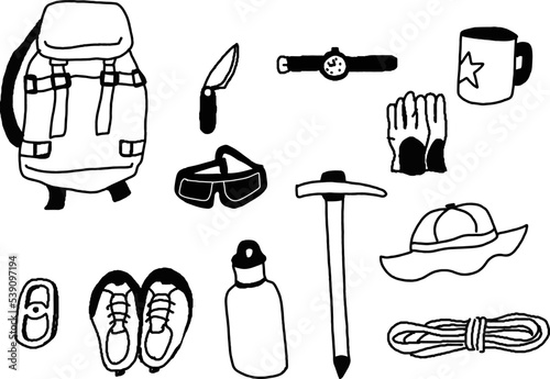 登山用品の線画ベクター