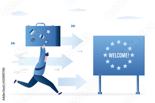 Unfortunate man carries luggage and runs towards border with European Union. Male immigrant trying to cross country border. Refugee with suitcase runs away from military conflict or poverty.