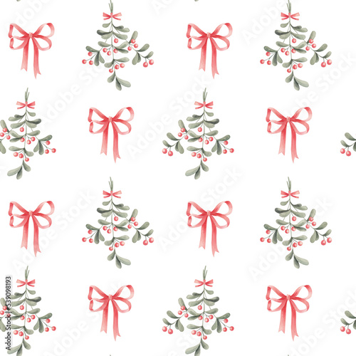 Watercolor with red bows and mistletoe isolated. Christmas watercolor pattern.