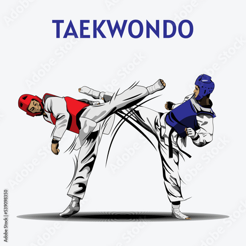 Two Boys Fighting in Taekwondo Competition Illustration Vector.