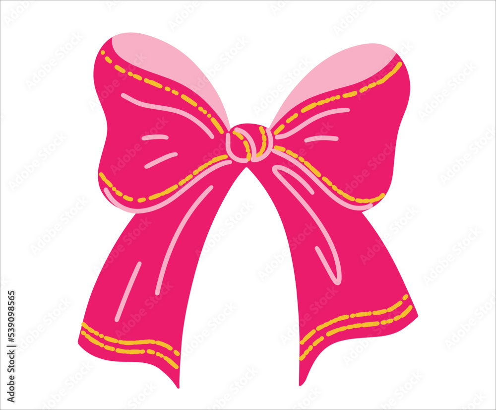 Cute pink bow with ribbons and gold decoration. Design element for postcards and any purpose. Girly vector illustration isolated on white background. Cute pink bow with ribbons and gold decoration. Design element for postcards and any purpose. Girly vector illustration isolated on white background.