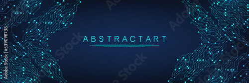 Modern technology circuit board texture background design. Waves flow. Quantum explosion technology. Quantum computer technologies concept. Futuristic blue circuit board background vector motherboard.