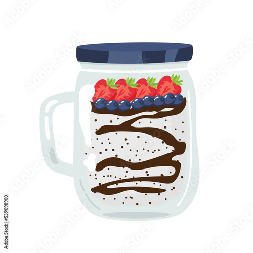 Chia seeds pudding with berries. Vector illustration isolated on white background