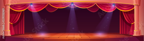 Theater stage interior with red curtains, spotlights, wooden floor and white columns. Empty theatre scene for concert, drama, opera or performance, vector cartoon illustration