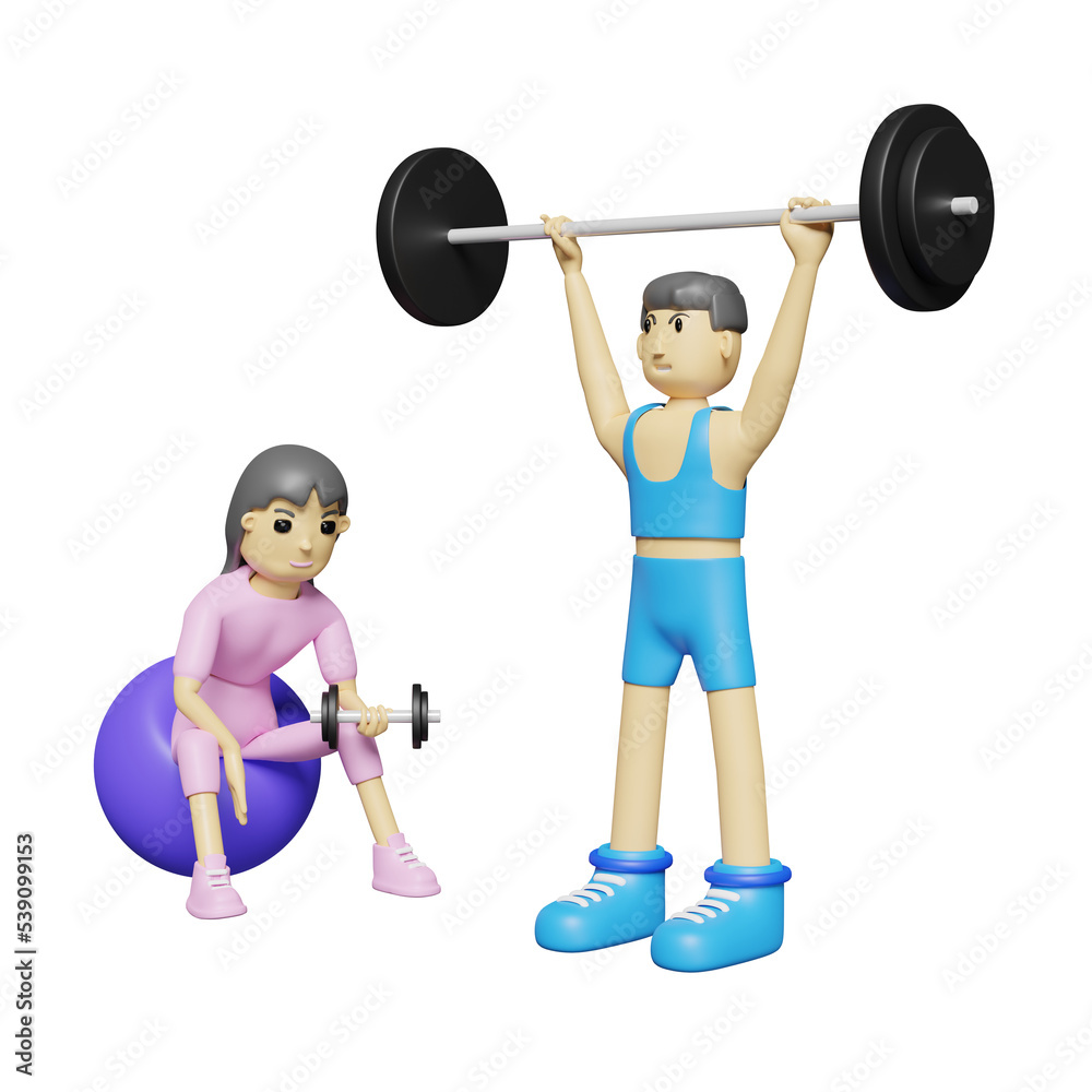 Obraz premium cartoon character fitness man doing deadlifting barbells overhead with woman lifting dumbbell in gym. 3d illustration or 3d render