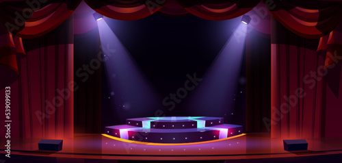 Theater stage or concert hall with podium, spotlights and red curtains. Award ceremony, presentation or live performance show scene, illuminated platform under light beams, Cartoon vector illustration