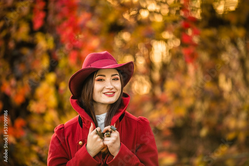 Beautiful young woman in an elegant vintage outfit and a red hat against the background of wild grapes, autumn, October