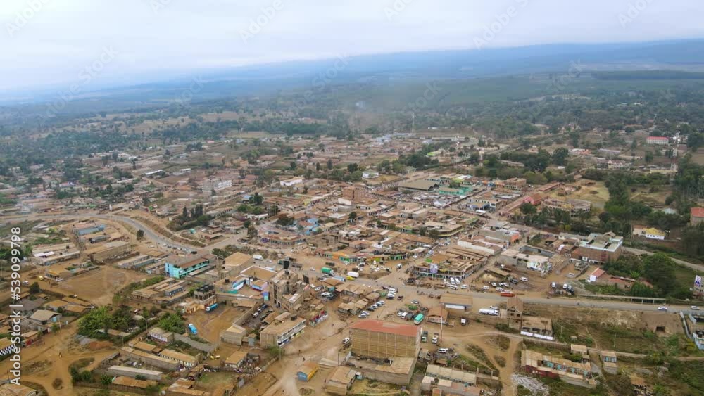 Cityscape-drone view drone flying in the small village of Loitokitok small town in Kenya Africa. Drought in Kenya in rural Africa- Climate change- Poverty Cityscape-drone view drone flying in the small village of Loitokitok small town in Kenya Africa. Drought in Kenya in rural Africa- Climate change- Poverty