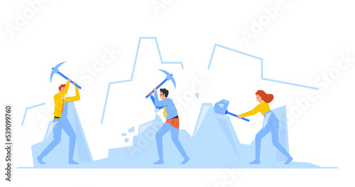 Business Characters Breaking Ice Lumps, Icebreaker Group Of People Using Sledgehammers Working Hard to Break Large Ice