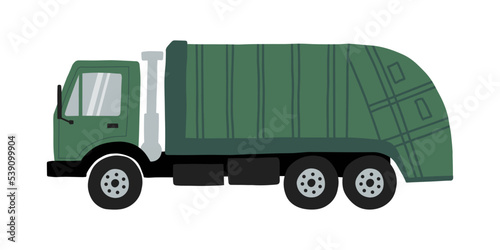 City garbage truck with green color front loader
