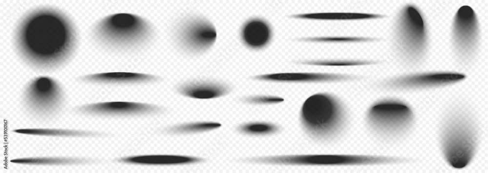 Realistic round shadows with soft edges. Gray circle and oval shades on floor or wall surface, Set of templates different shape and size isolated on transparent background, 3d vector illustration
