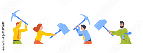 Business People Holding Pickaxe And Hammer Isolated On White Background. Male And Female Characters Break Through Crisis