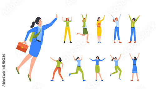 Set of Women with Hands Up, Female Characters Rejoice, Businesswoman with Briefcase, Girls Jumping, Celebrate Success