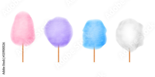 Cotton candy set. Realistic sugar cloud with wooden sticks. Delicious festive sweet treat