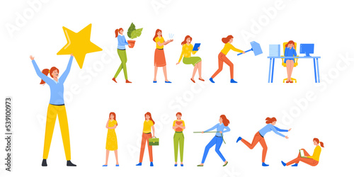 Set Of Business Women Work Activities And Scenes. Female Character Holding Star, Carry Potted Plant, Applaud And Work