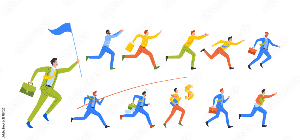 Set Of Men Run, Leader With Flag, Male Character Hurry At Work Due To Oversleep, Chase Dollar On Rod, Business Race
