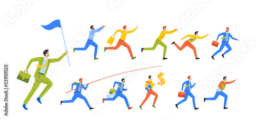 Set Of Men Run, Leader With Flag, Male Character Hurry At Work Due To Oversleep, Chase Dollar On Rod, Business Race