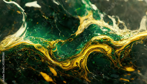 Abstract luxury marble background. Digital art marbling texture. Green and gold. 3d illustration 