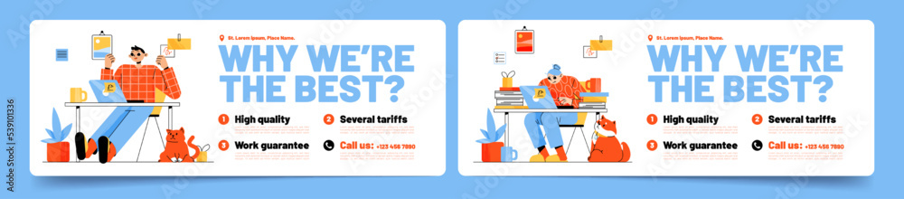 Why we are the best banners with people working in home office. Business introductory cards, work posters with discribing company advantages and guarantees for clients, Linear vector illustration Why we are the best banners with people working in home office. Business introductory cards, work posters with discribing company advantages and guarantees for clients, Linear vector illustration