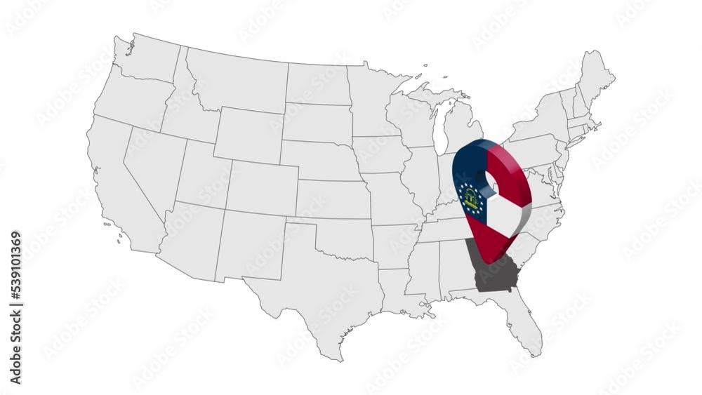 Location State of  Georgia on map USA. 3d State Georgia flag map marker location pin. Map of United States of America showing different states. Animated map States of USA. 4K.  Video