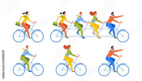 Set Of Business People Riding Bike, Colleagues Team Work Together To Goal And Success Achievement Vector Illustration