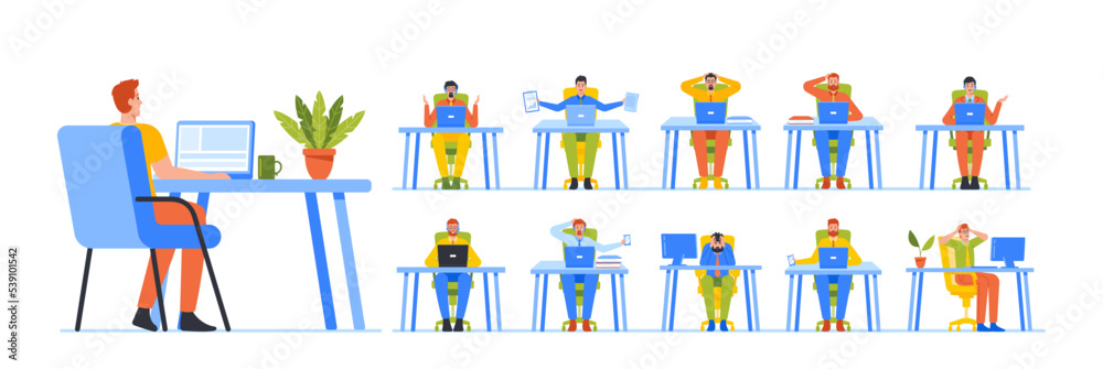 Fototapeta premium Set Office Worker Different Activities And Emotions. Manager Man Sit At Desk Working On Laptop, Speaking, Think, Stress