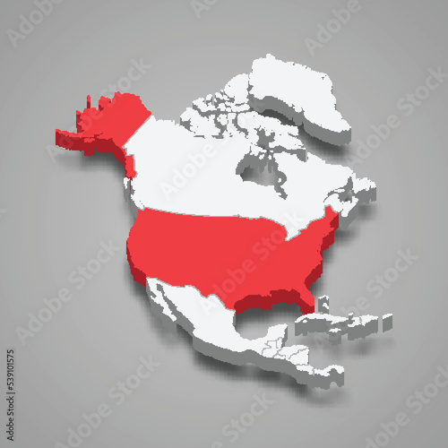 United States country location within North America. 3d map