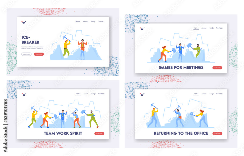 Ice Breaking Landing Page Template Set. Business People Holding Pickaxes And Hammers. Characters Breaking Through Crisis