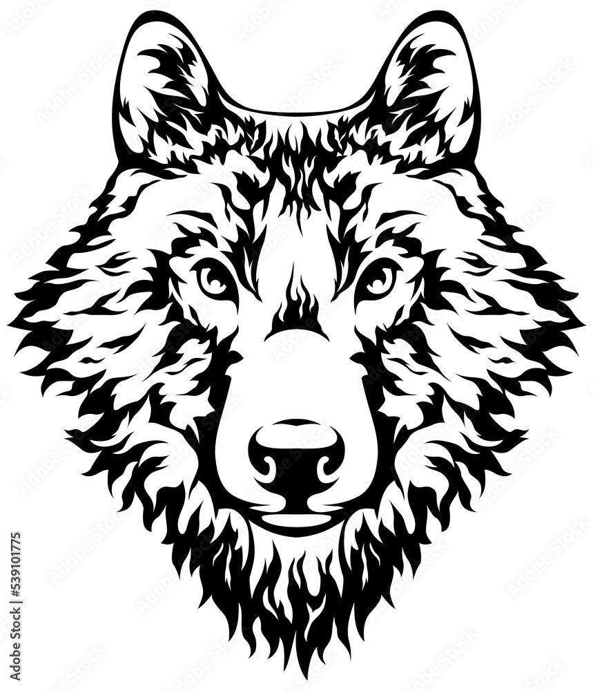 Dog isolated illustration. Black color on white image of wolf. Husky hand drawn face.