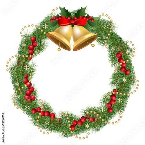 traditional festive Christmas wreath decorated with gold decoration, bell, red silk ribbon, bow, holly and mistletoe berries and gold beads