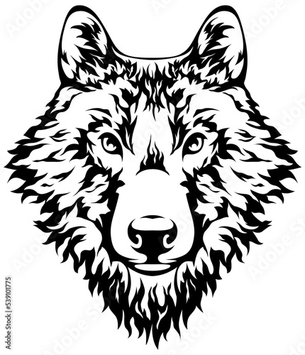 Dog isolated illustration. Black color on white image of wolf. Husky hand drawn face.