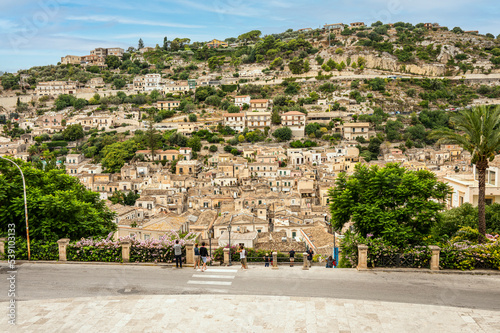 Extra wide High angle view of the historic center of Modica
