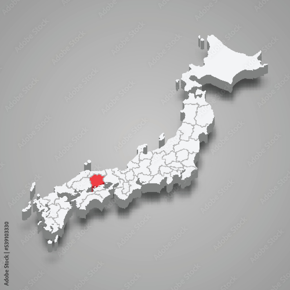 Okayama region location within Japan 3d map Okayama region location within Japan 3d map
