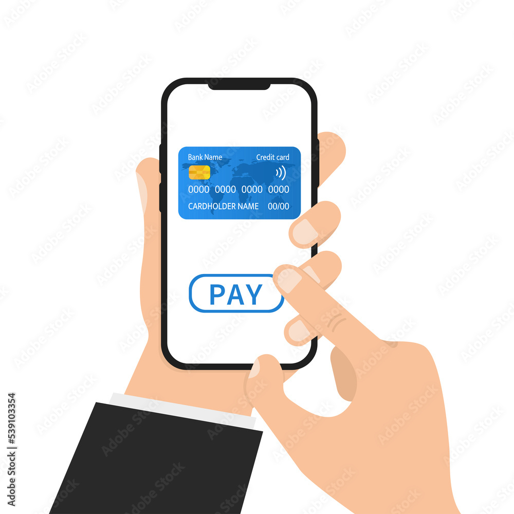 Hand holding phone with card payment button. Vector illustration