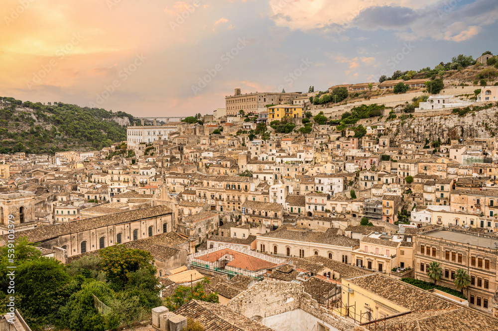 Landscape of the historic center of Modica at sunset