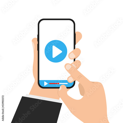 Hand holding phone playing video. Vector illustration