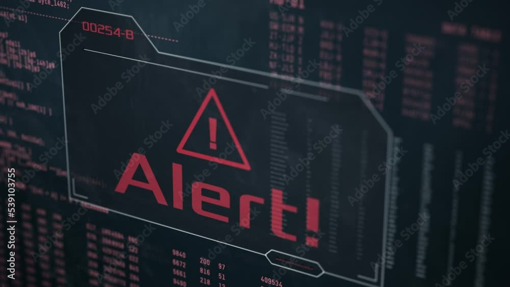 close-up of a dirty computer monitor, random data and code on background, alert message, concept of computer hacking, malware, cyber attack, or generic danger (3d render)