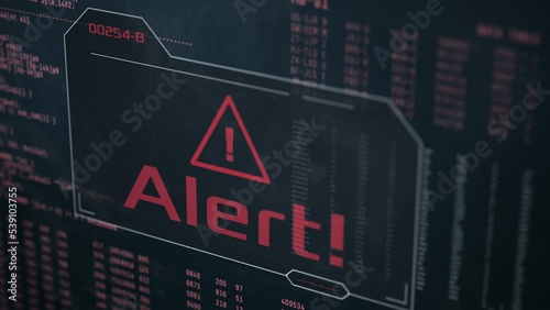 close-up of a dirty computer monitor, random data and code on background, alert message, concept of computer hacking, malware, cyber attack, or generic danger (3d render) photo