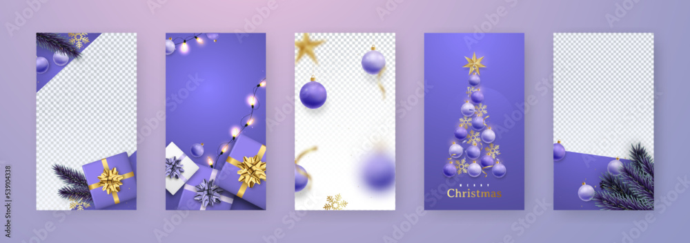 Christmas and New Year Template for social media stories. Xmas design with realistic gift boxes, balls, snowflakes. Story mockup with free copy space vector illustration.