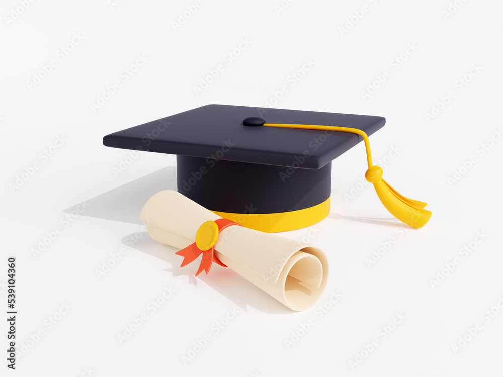3d render graduation cap with diploma certificate scroll. University ...