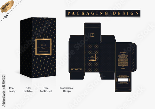 Box, Packaging Die Cut Template For Product vector design with 3D Preview and Perfume Packaging design, luxury box design, Box die line, and Design elements. Illustration Vector design Template.