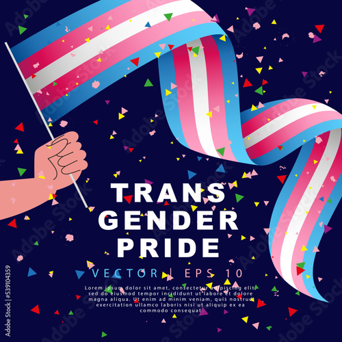 The flag of transgender pride in the hand of a man. Sexual identification. Rainbow confetti.