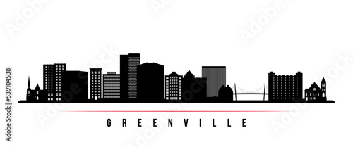 Greenville skyline horizontal banner. Black and white silhouette of Greenville, South Carolina. Vector template for your design.