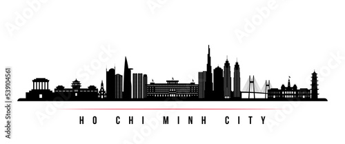 Ho Chi Minh City skyline horizontal banner. Black and white silhouette of Ho Chi Minh City, Vietnam. Vector template for your design.