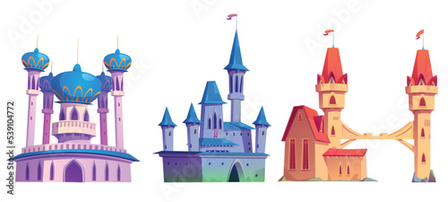 Magic castles, fairy tale palaces with turrets, flags, bridge and domes. Arabic or european fantasy royal fortress, cute medieval architecture isolated on white background. Cartoon vector illustration