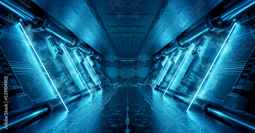 Fototapeta Naklejka Na Ścianę i Meble -  Blue spaceship interior with neon lights on panel walls. Futuristic corridor in space station background. 3d rendering