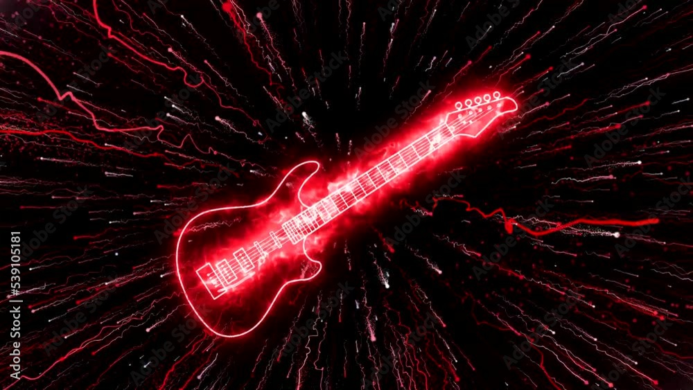 Electric guitar glowing in red fire against the background of flying charged particles and fireballs