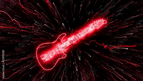 Electric guitar glowing in red fire against the background of flying charged particles and fireballs